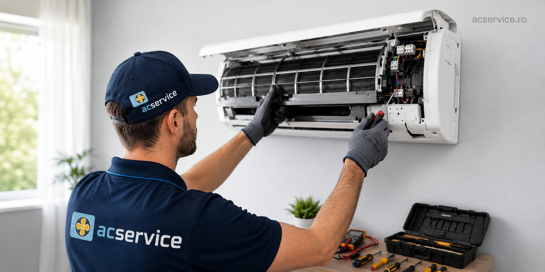 Tehnician acservice reparând unitatea interioară de aer condiționat